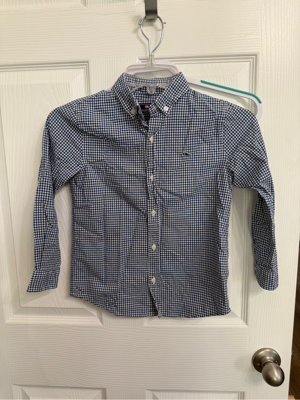 Vineyard Vines Boys 7 Whale Shirt Blue Gingham Check Button Down Cotton